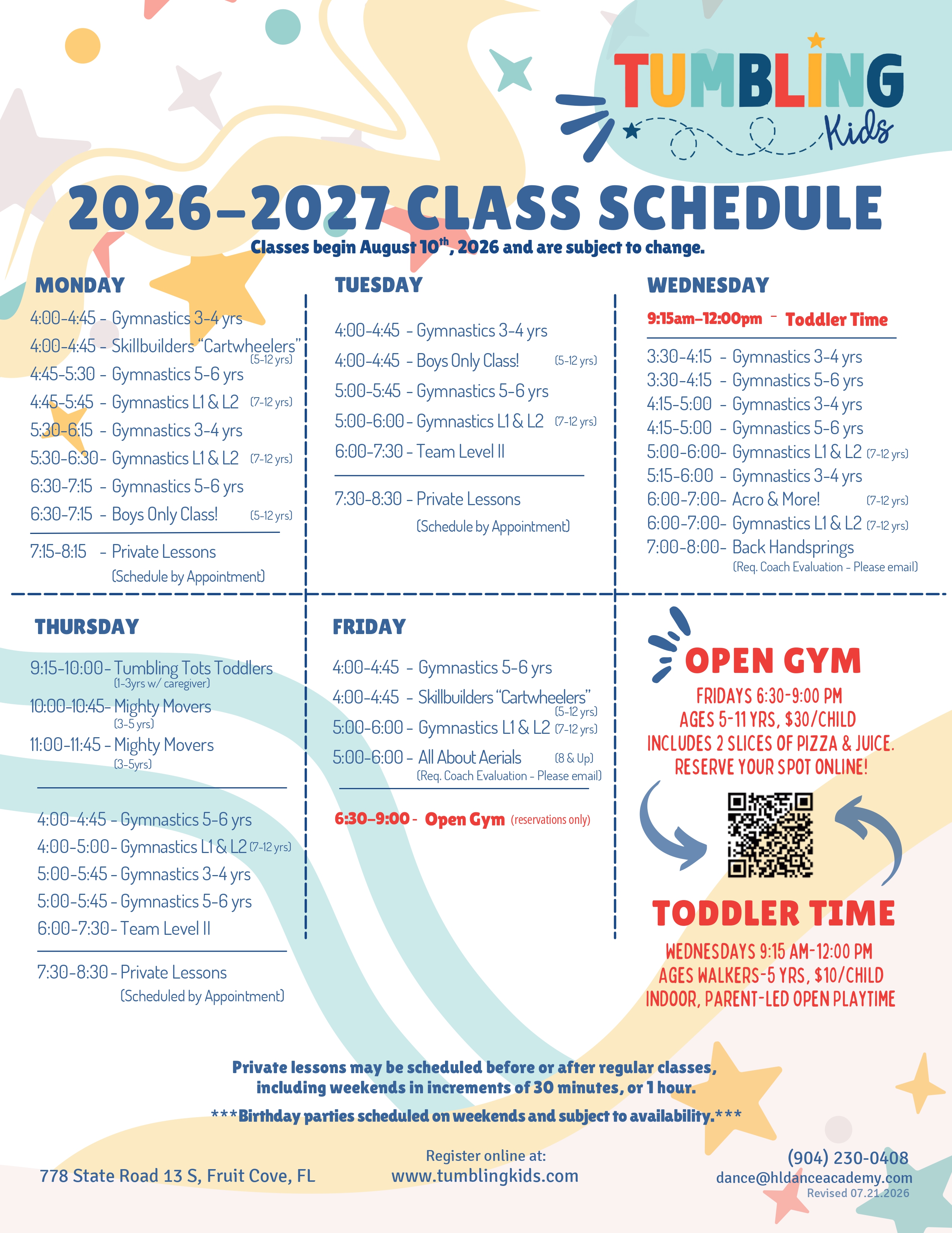 Tumbling Kids Fall Schedule
